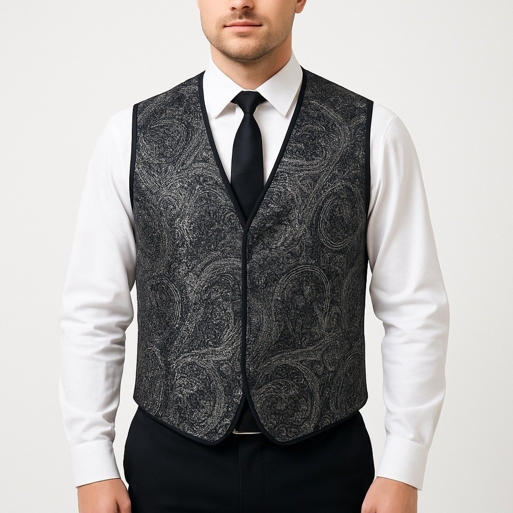Temptation Vest Mens Large Black Silver Paisley Sparkle Brocade Glam Statement